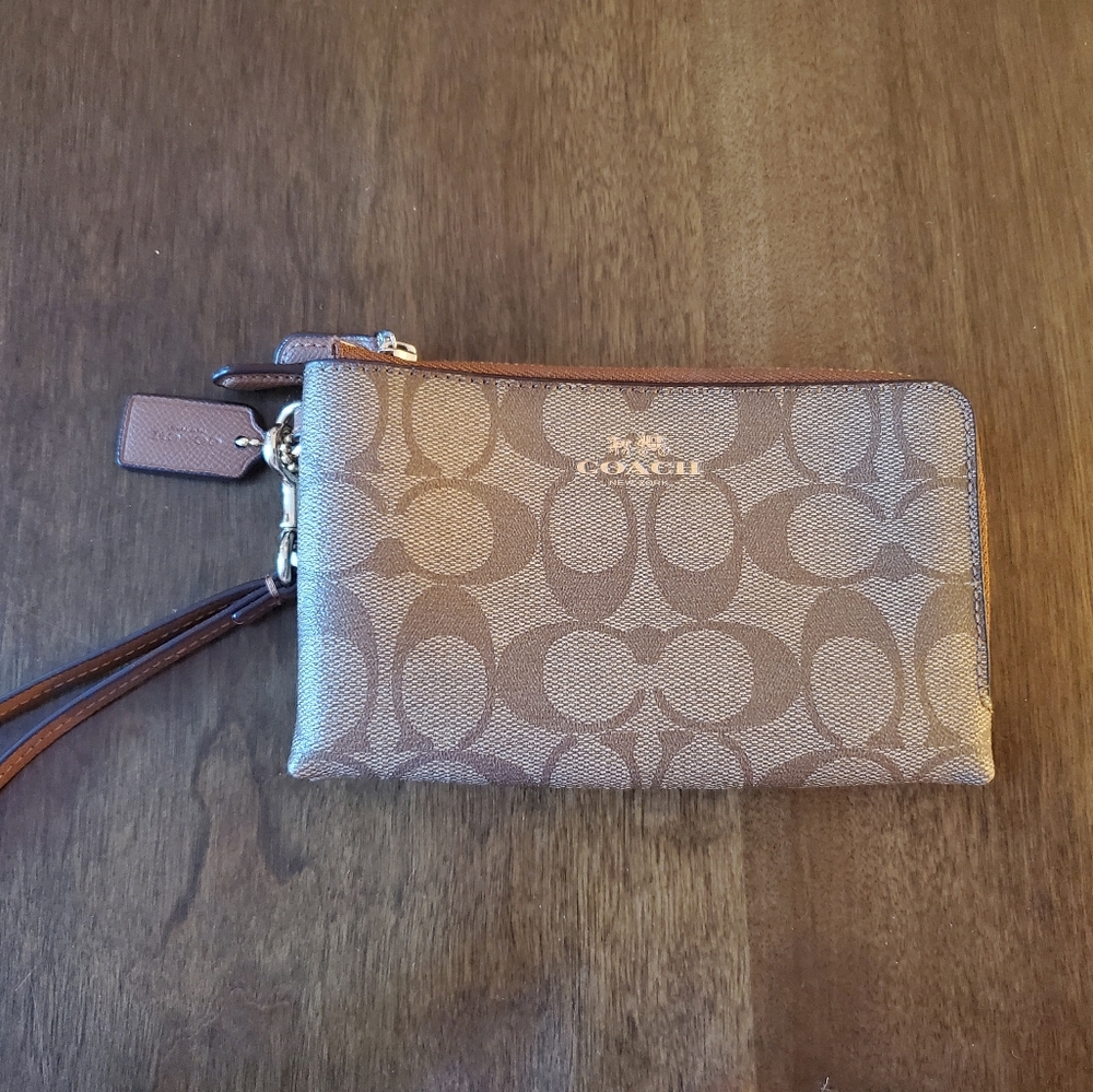 Coach Brown Signature Canvas Wristlet with Gold Logo